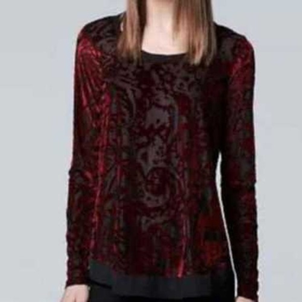 Simply Vera Vera Wang Burnout Velvet Long Sleeve Sheer Top Burgundy Black Size M